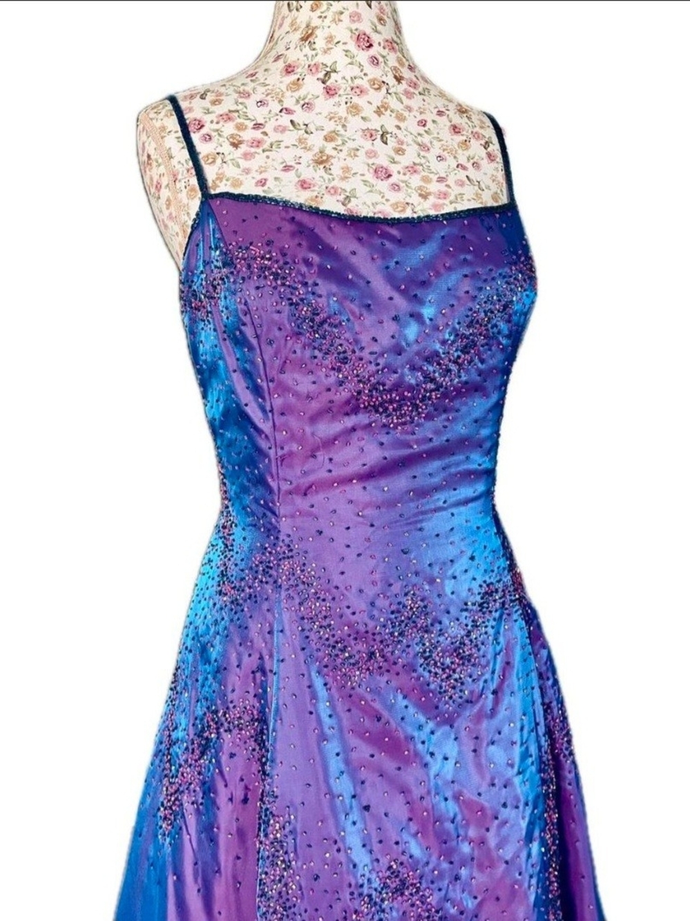 Cache Iridescent Purple and Blue Beaded Prom Dress